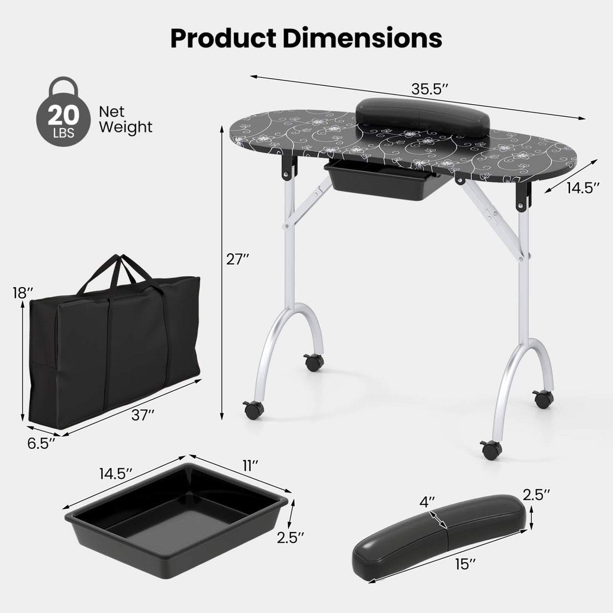 Foldable Manicure Table with Drawer and Wrist Cushion