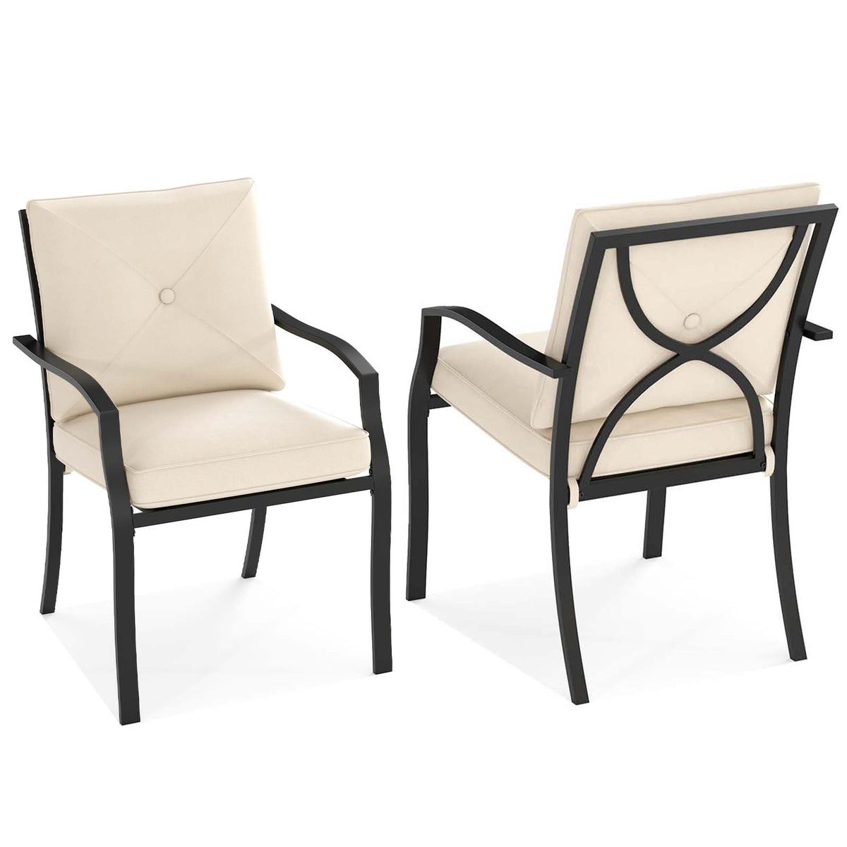 Metal Outdoor Dining Chair Set of 2 Stackable Patio Chairs with Armrests-Beige