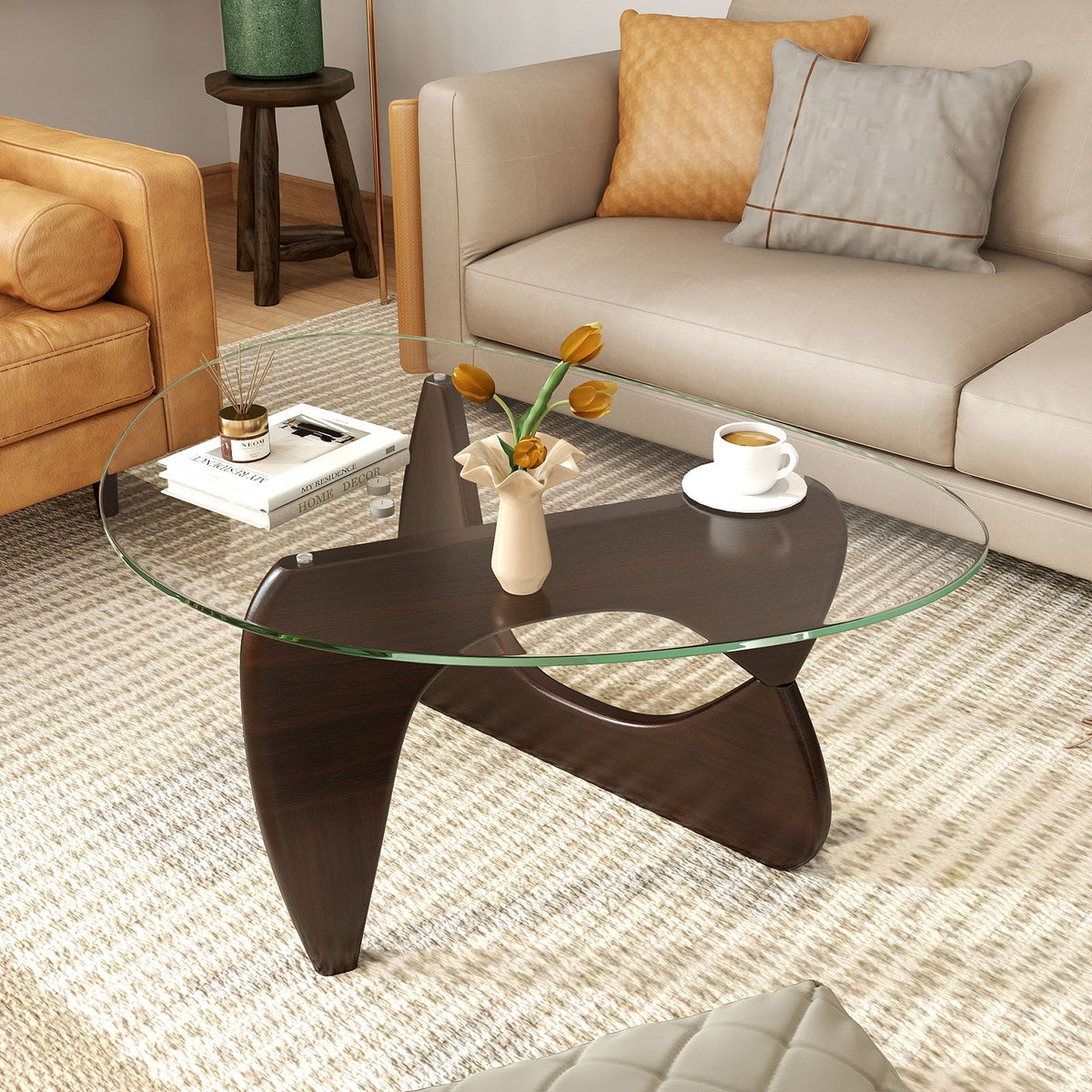 Triangle Coffee Table with Tempered Glass Top and Adjustable Rubber Wood Base