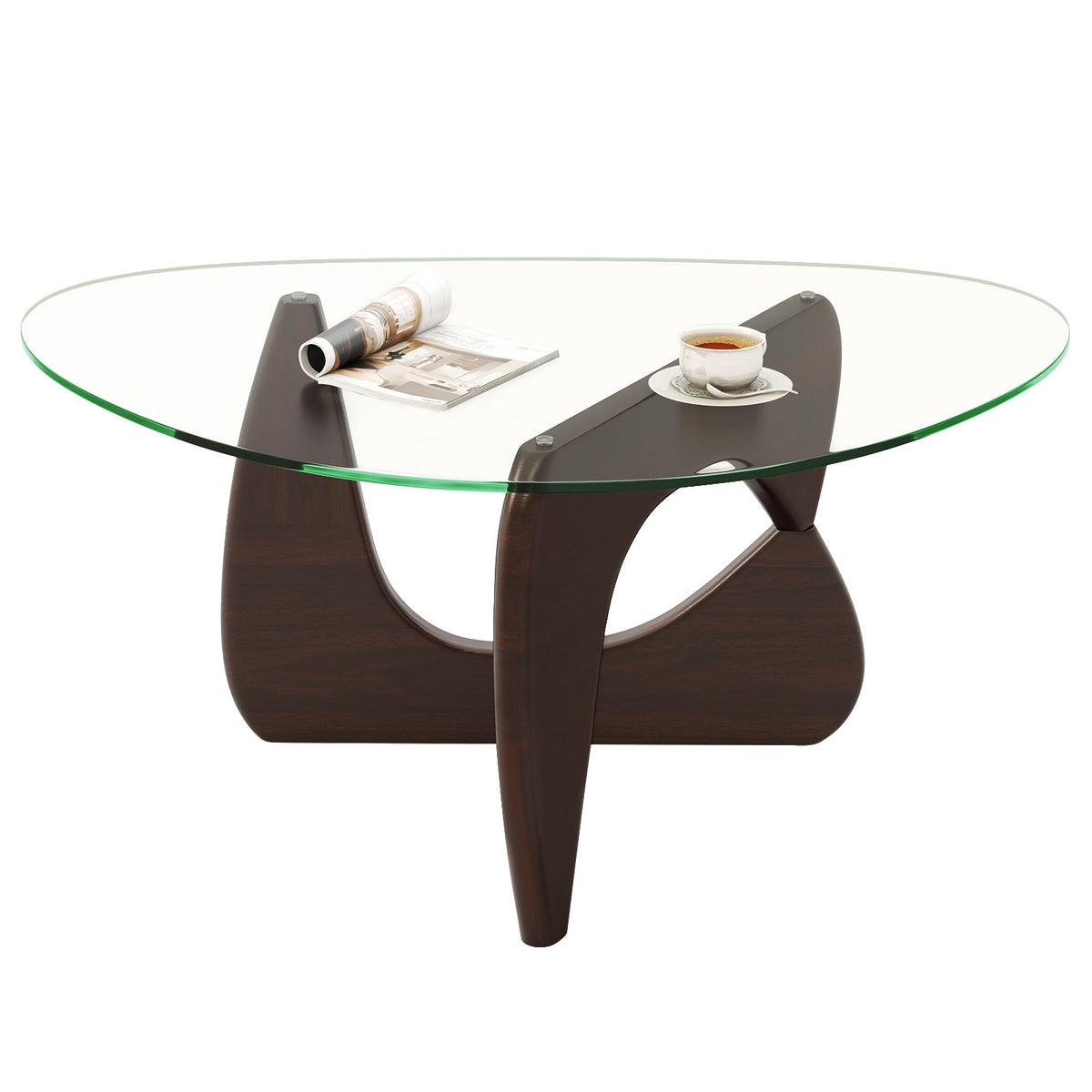 Triangle Coffee Table with Tempered Glass Top and Adjustable Rubber Wood Base