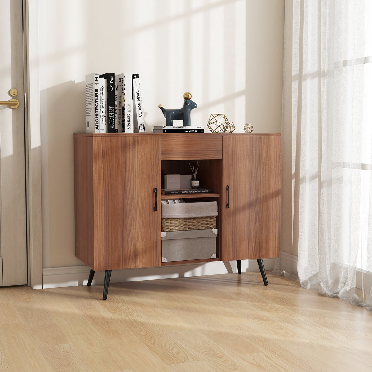 Mid-century Modern Buffet Sideboard Server Cabinet with 9-Bottle Wine Rack-Walnut