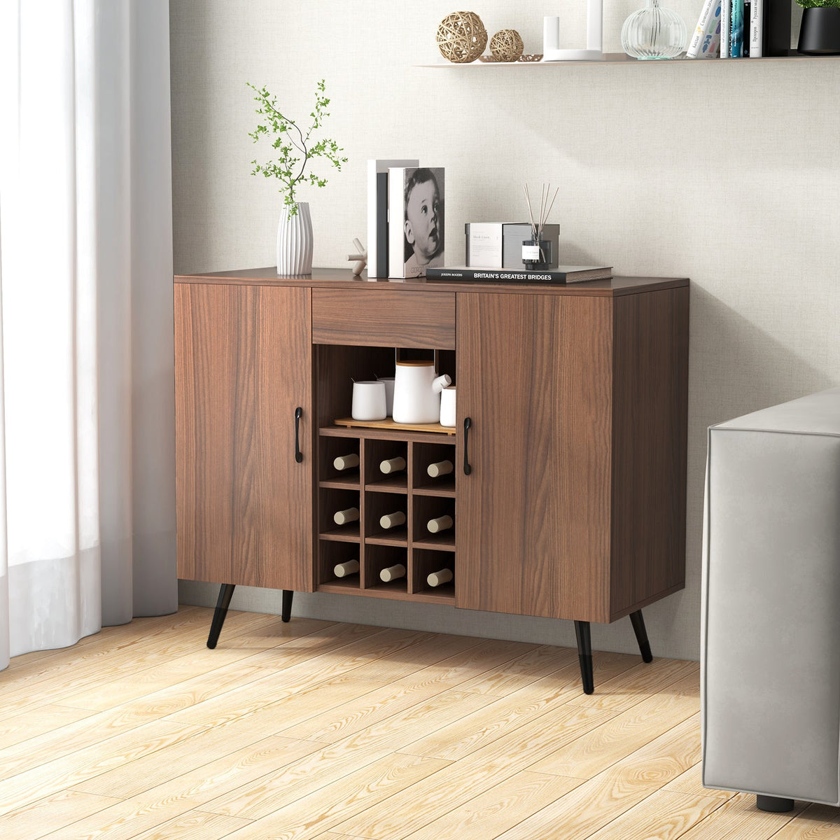 Mid-century Modern Buffet Sideboard Server Cabinet with 9-Bottle Wine Rack-Walnut