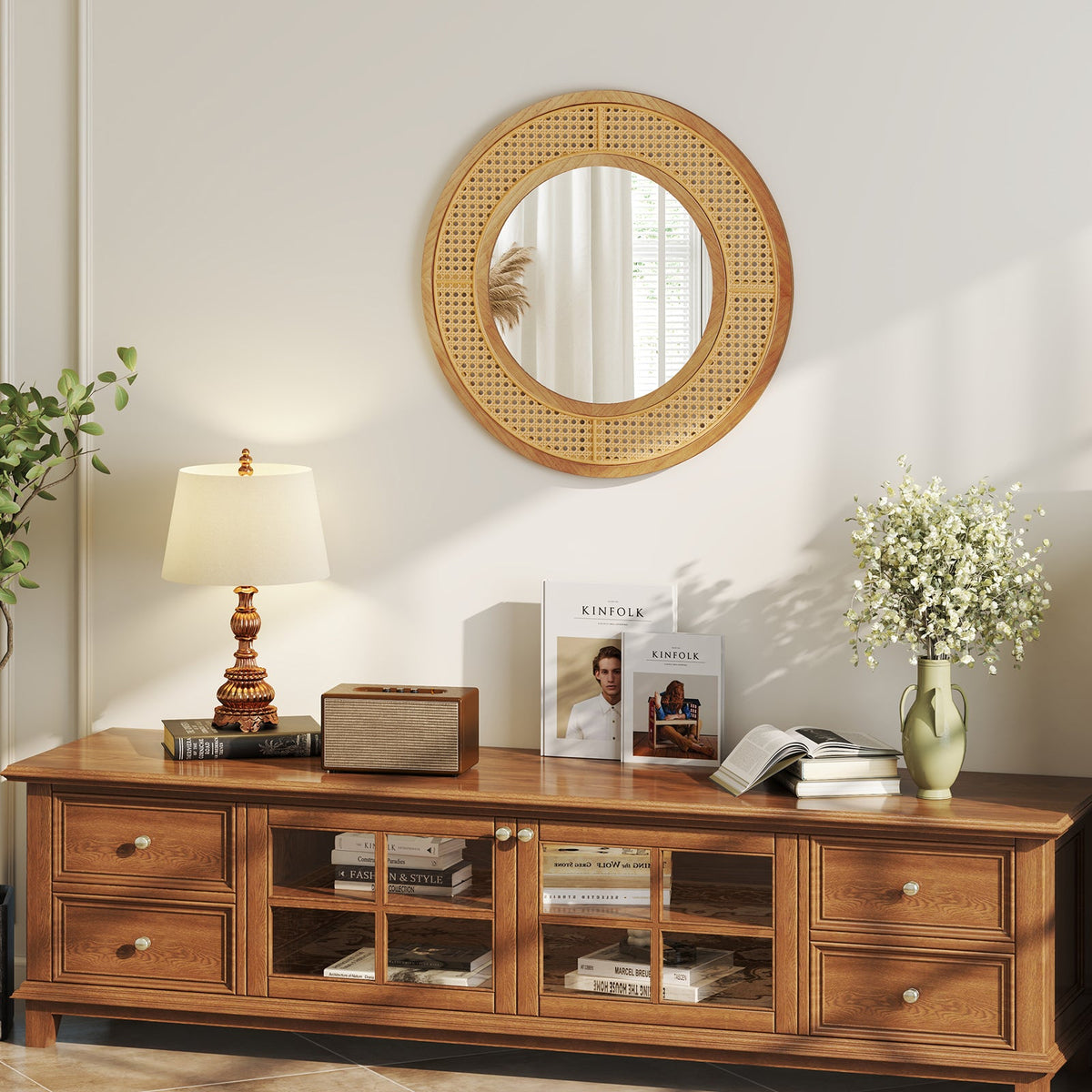 25.5 Inch Bohemian Round Wall Mounted Decorative Mirror with Wooden Frame-Natural