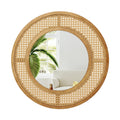 25.5 Inch Bohemian Round Wall Mounted Decorative Mirror with Wooden Frame-Natural