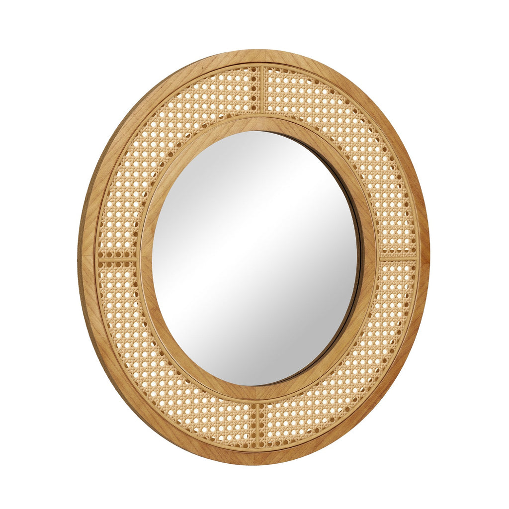 25.5 Inch Bohemian Round Wall Mounted Decorative Mirror with Wooden Frame-Natural