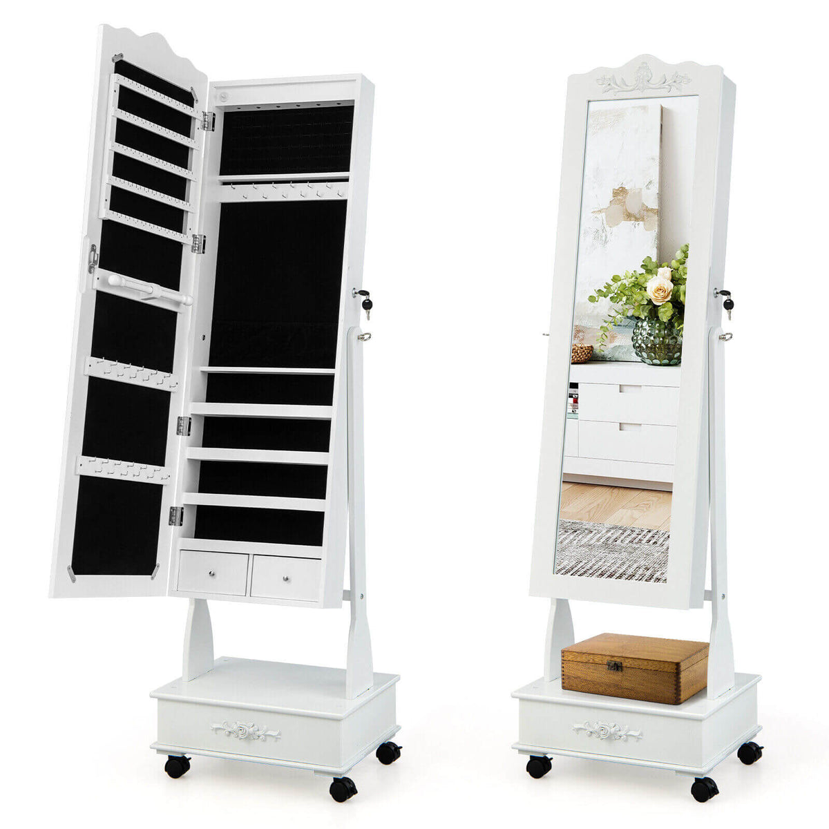 Rolling Floor Standing Mirrored Jewelry Armoire with Lock and Drawers