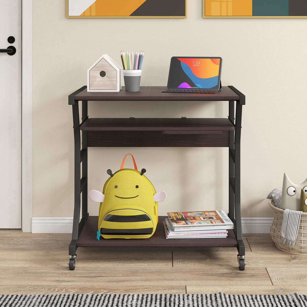 Mobile Computer Desk with Keyboard Tray Mouse Tray and Shelf-Dark Brown