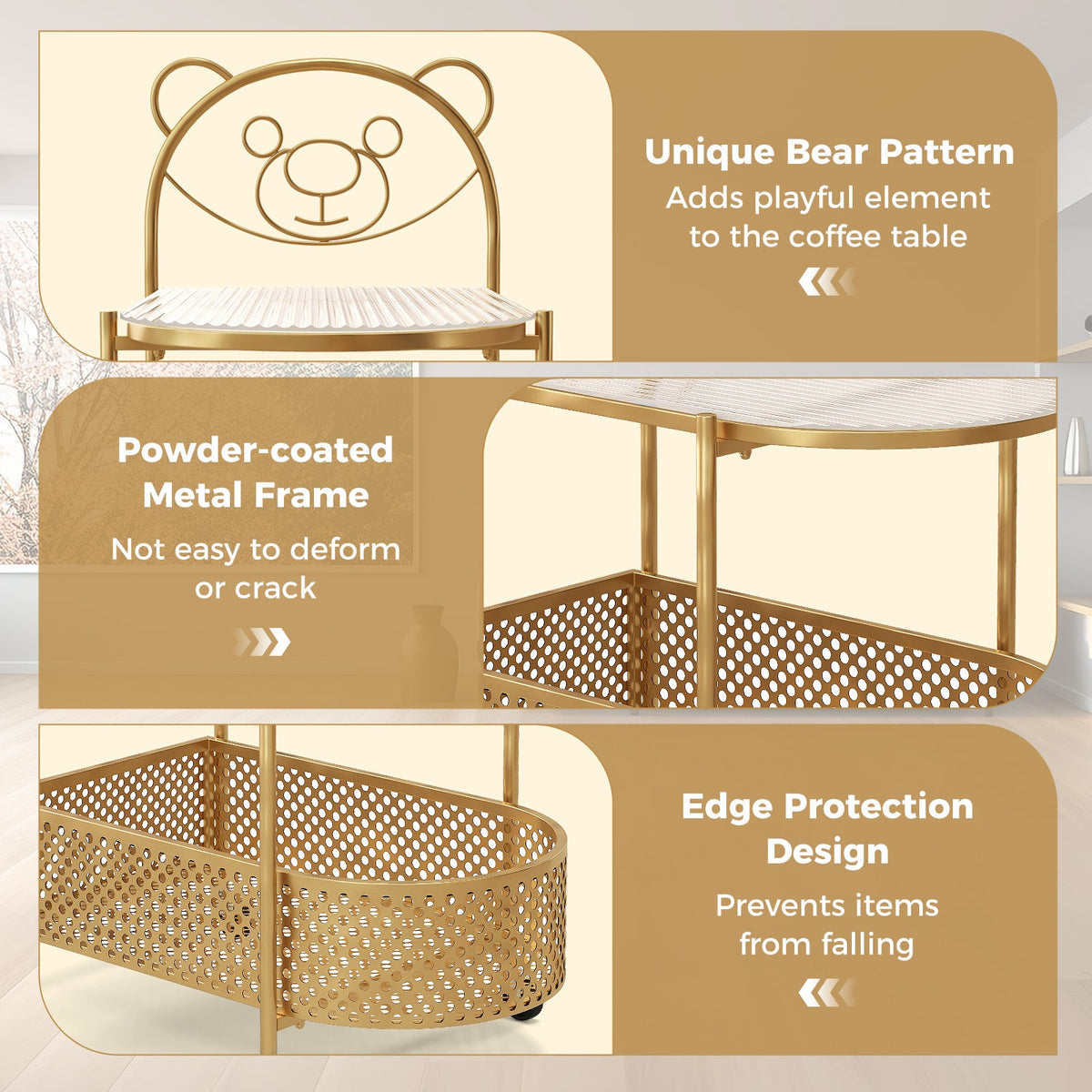 2-Tier Mobile Glass Coffee Table with Bear Pattern