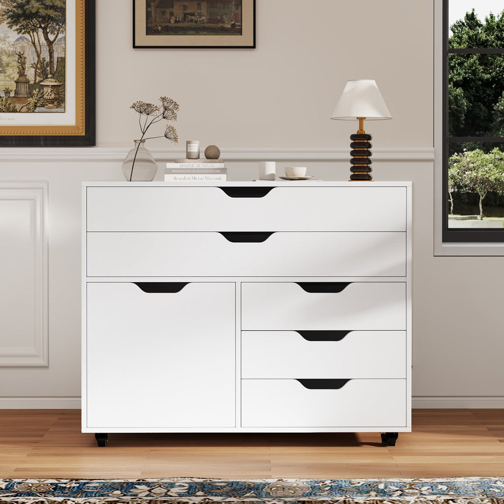 Modern Vertical 5-Drawer Mobile Chest with Door 5 Casters