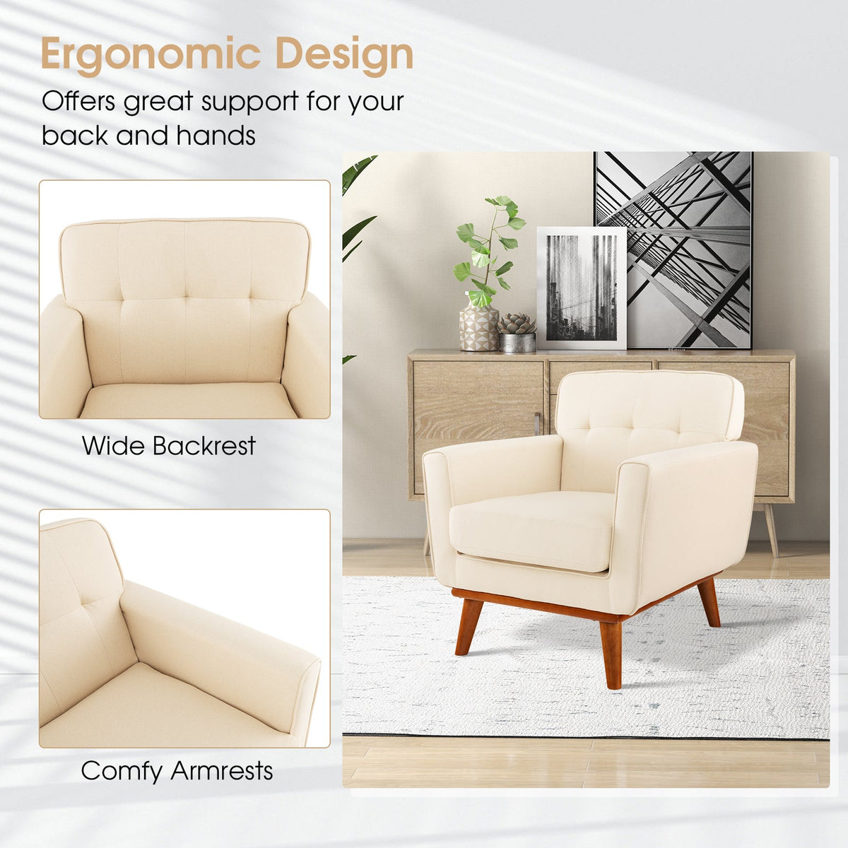 Modern Accent Chair Upholstered Linen Fabric Armchair with Removable Padded Seat Cushion