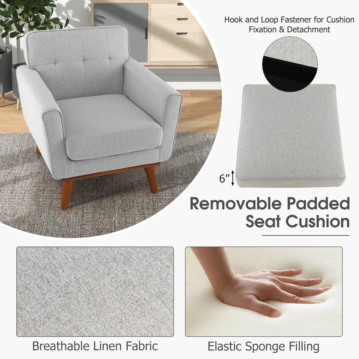 Modern Accent Chair Upholstered Linen Fabric Armchair with Removable Padded Seat Cushion