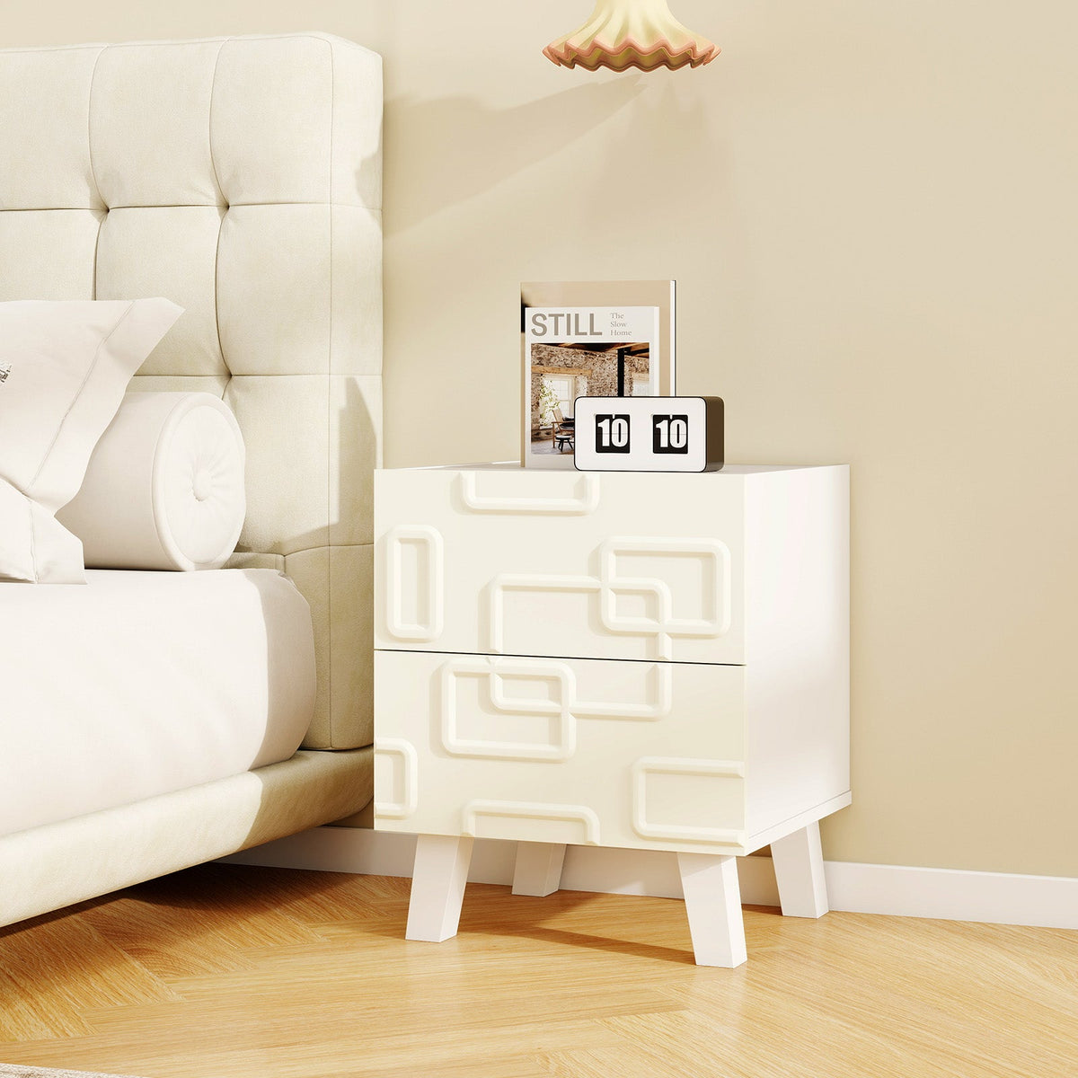Modern Nightstand Side Table with Drawers and 3D Geometric Patterns-White