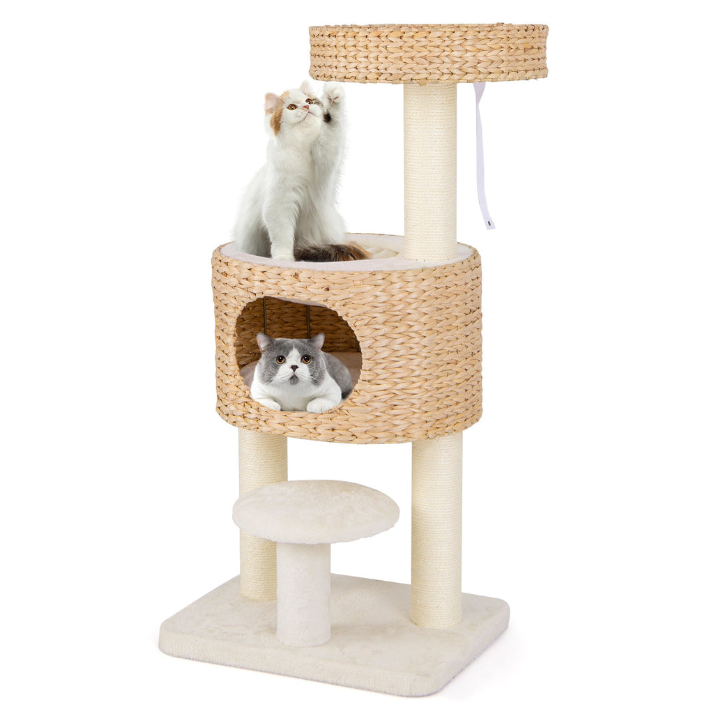 Modern Cat Tower Cat Tree with Top Perch Cattail Fluff Condo-Natural