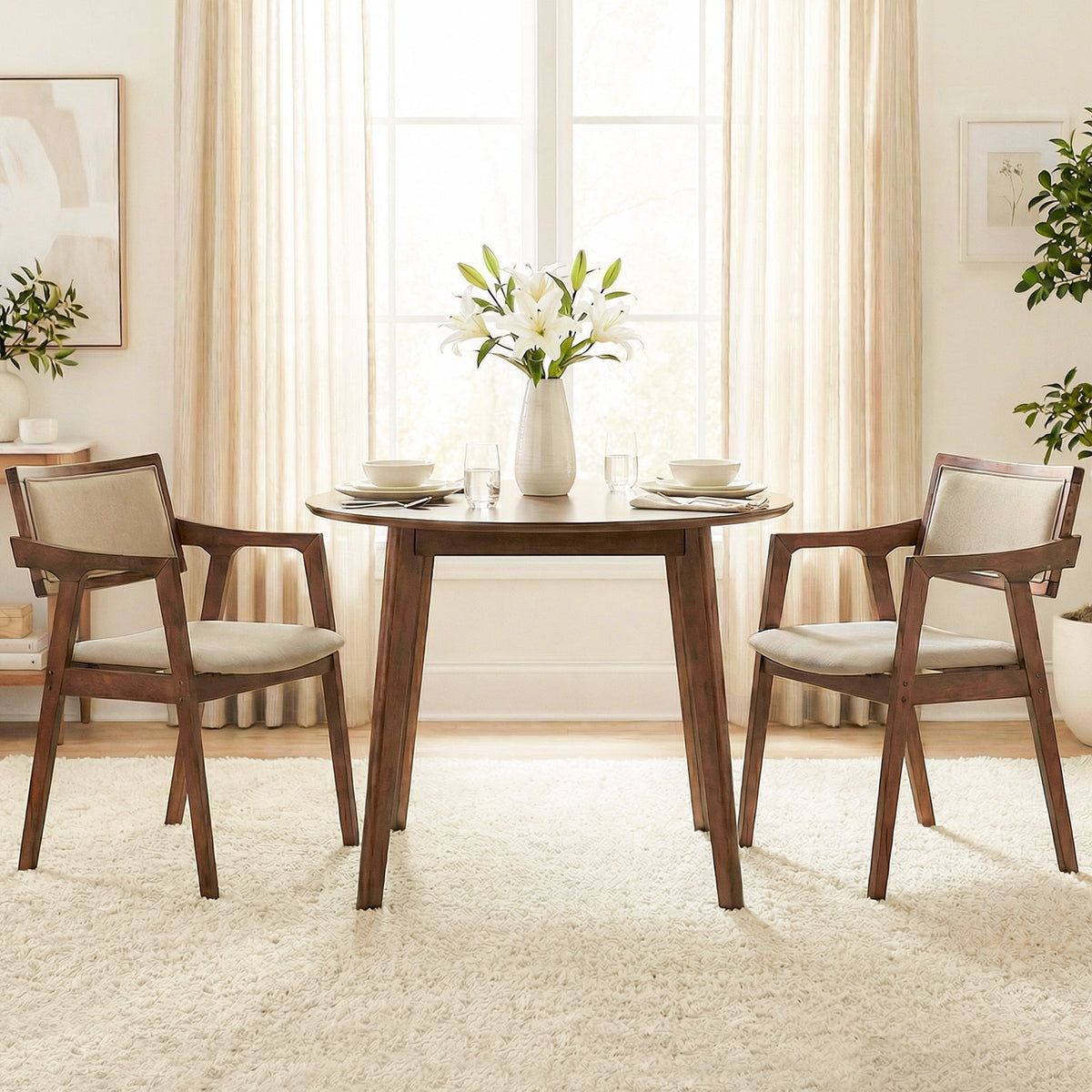 Modern Fabric Upholstered Rubber Wood Dining Chairs Set of 2 with Arms-Beige