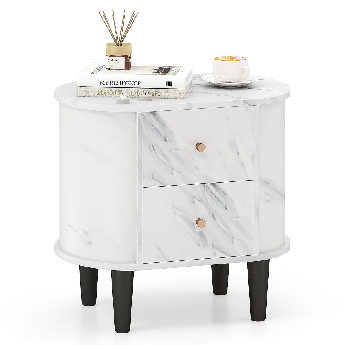2-Drawer Nightstand Modern Faux Marble Bedside Table with Storage-White