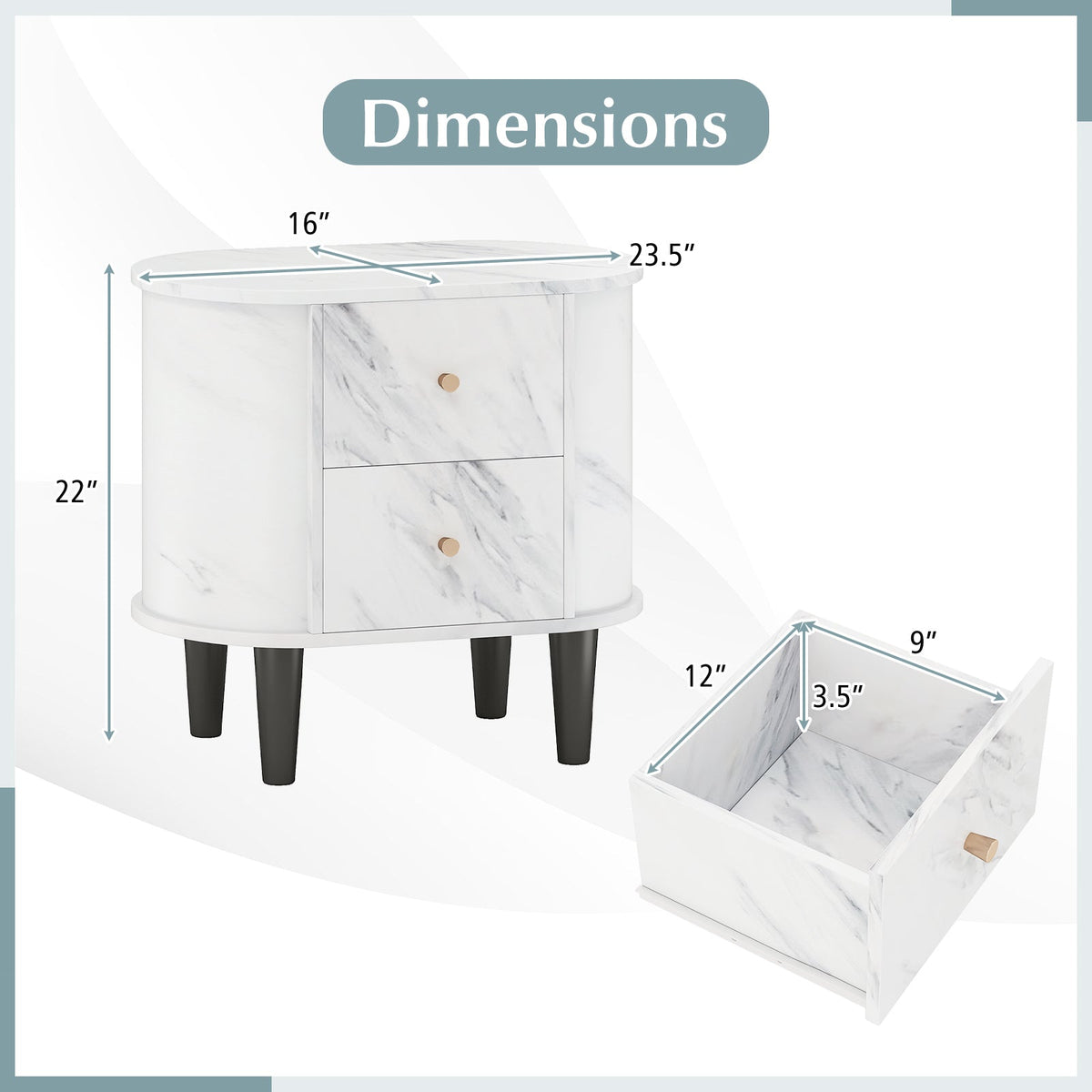 2-Drawer Nightstand Modern Faux Marble Bedside Table with Storage-White