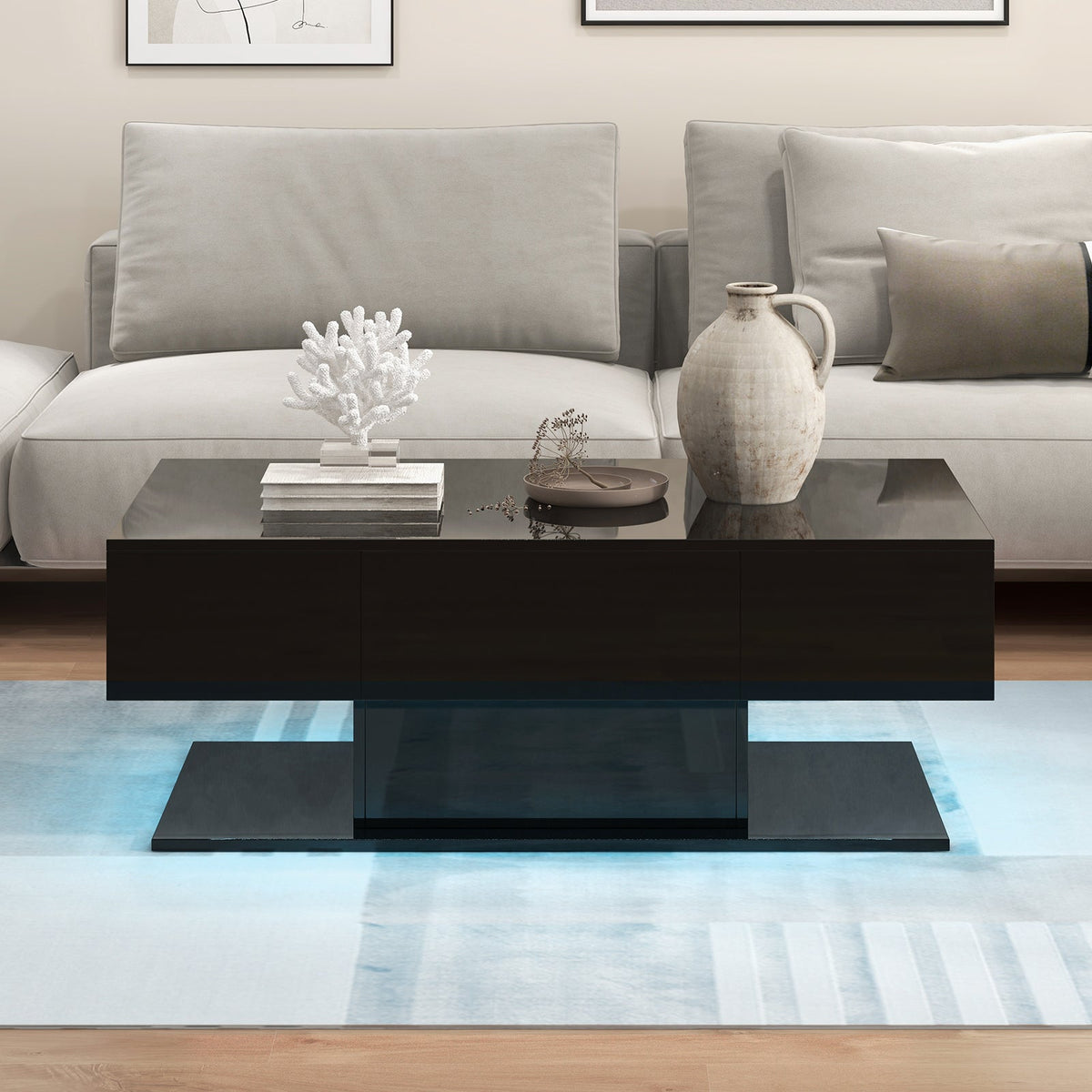 Modern LED Coffee Table with 20 Color LED Lights and 2 Storage Drawers