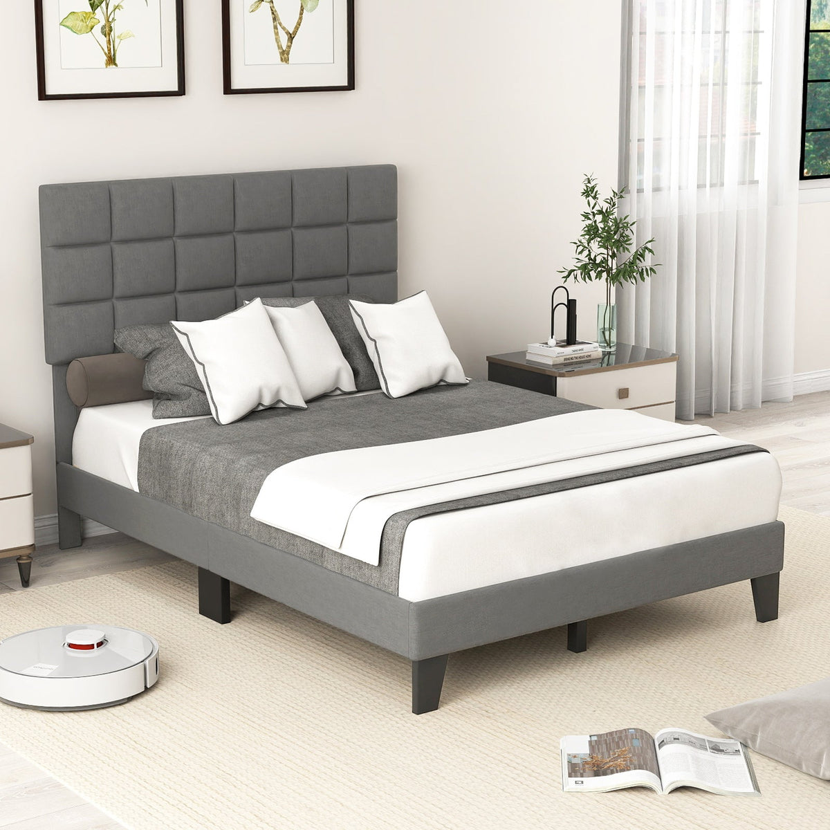 Full Size Modern Linen Bed Frame with Adjustable Headboard-Gray