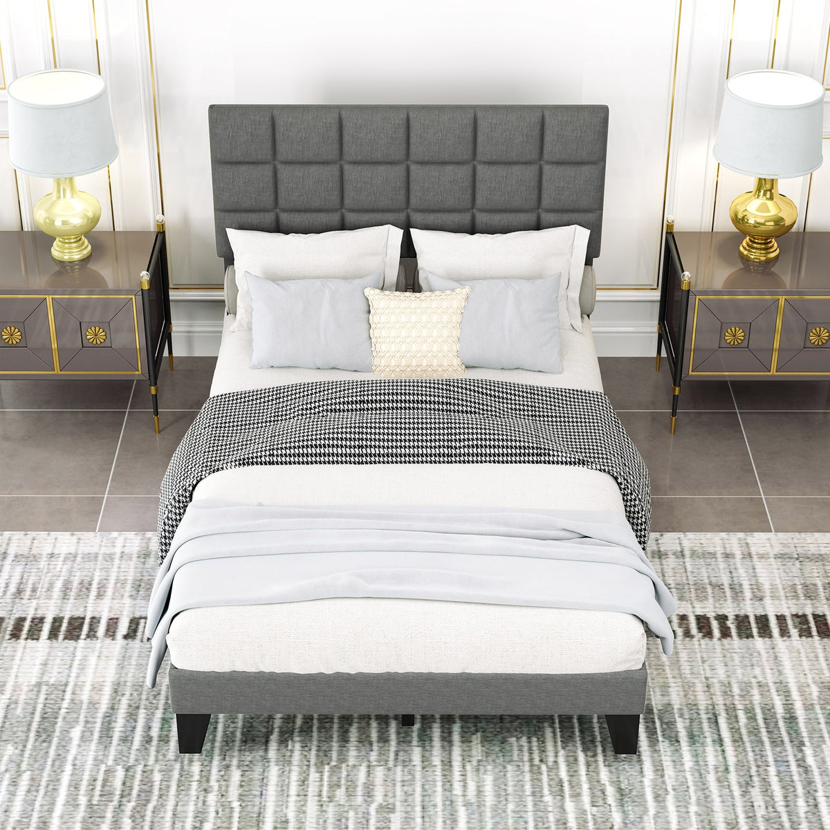 Full Size Modern Linen Bed Frame with Adjustable Headboard-Gray