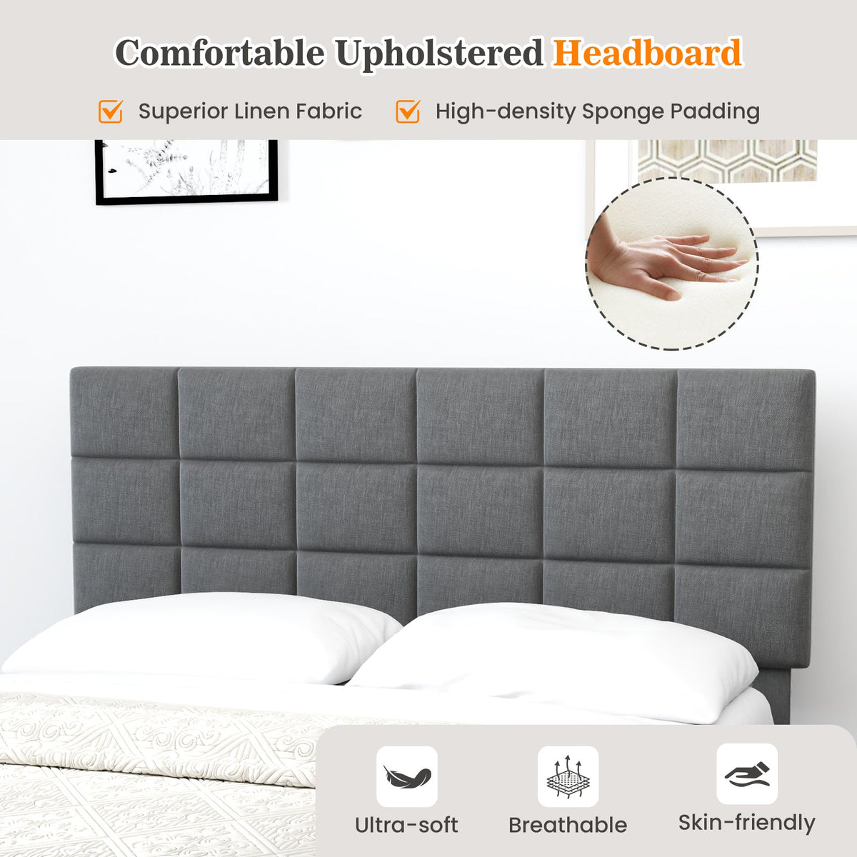 Queen Size Modern Linen Bed Frame with Adjustable Headboard-Gray