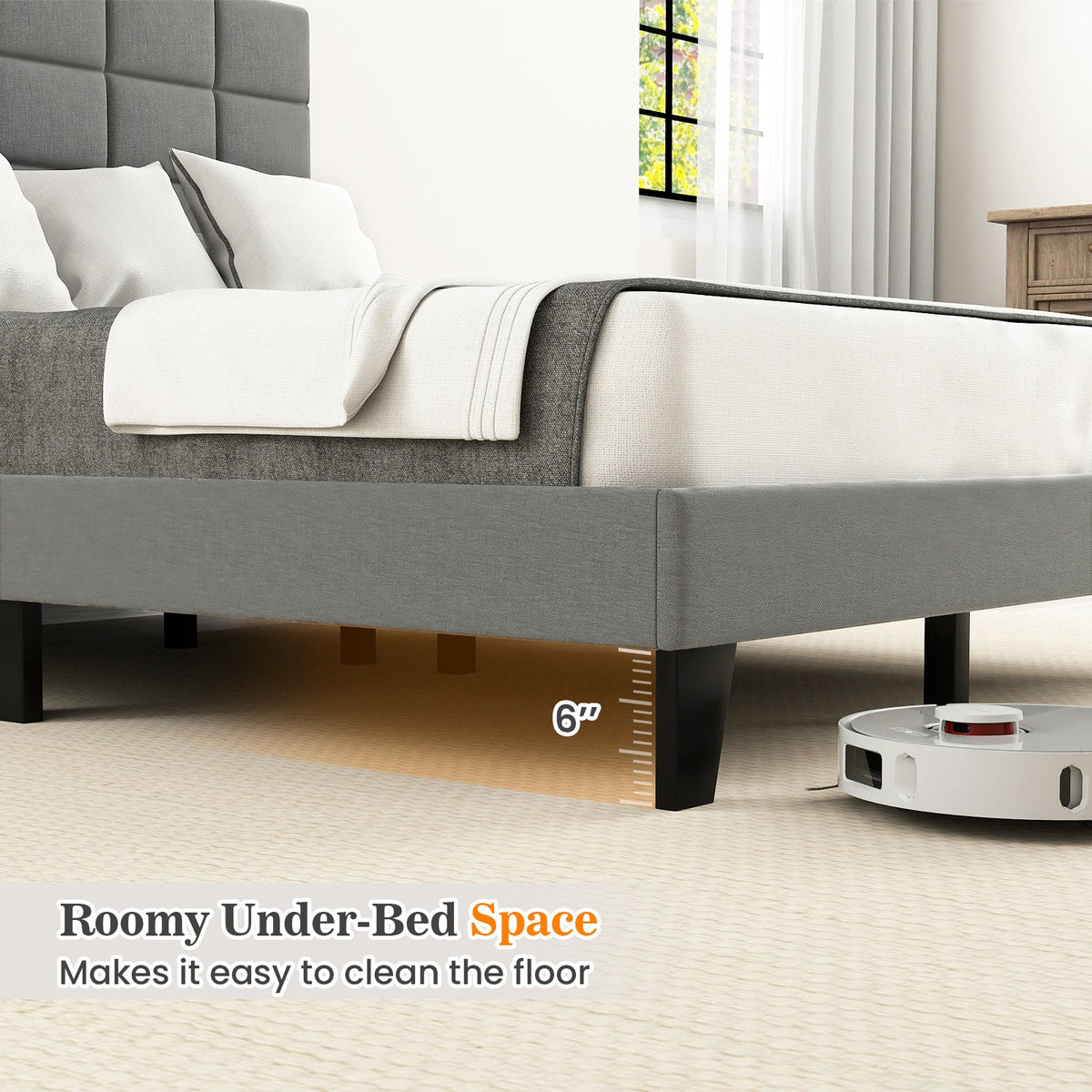 Full Size Modern Linen Bed Frame with Adjustable Headboard-Gray