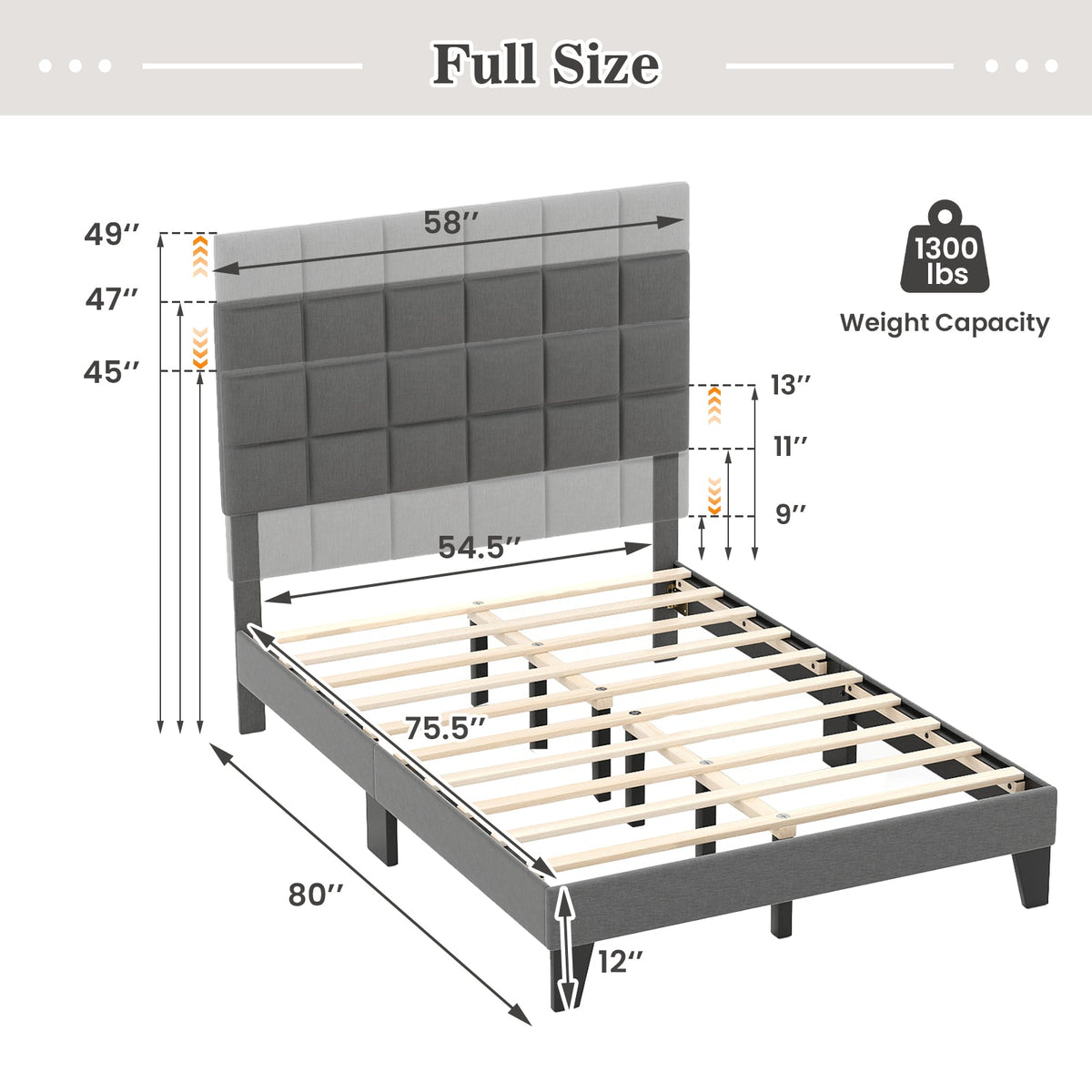 Full Size Modern Linen Bed Frame with Adjustable Headboard-Gray
