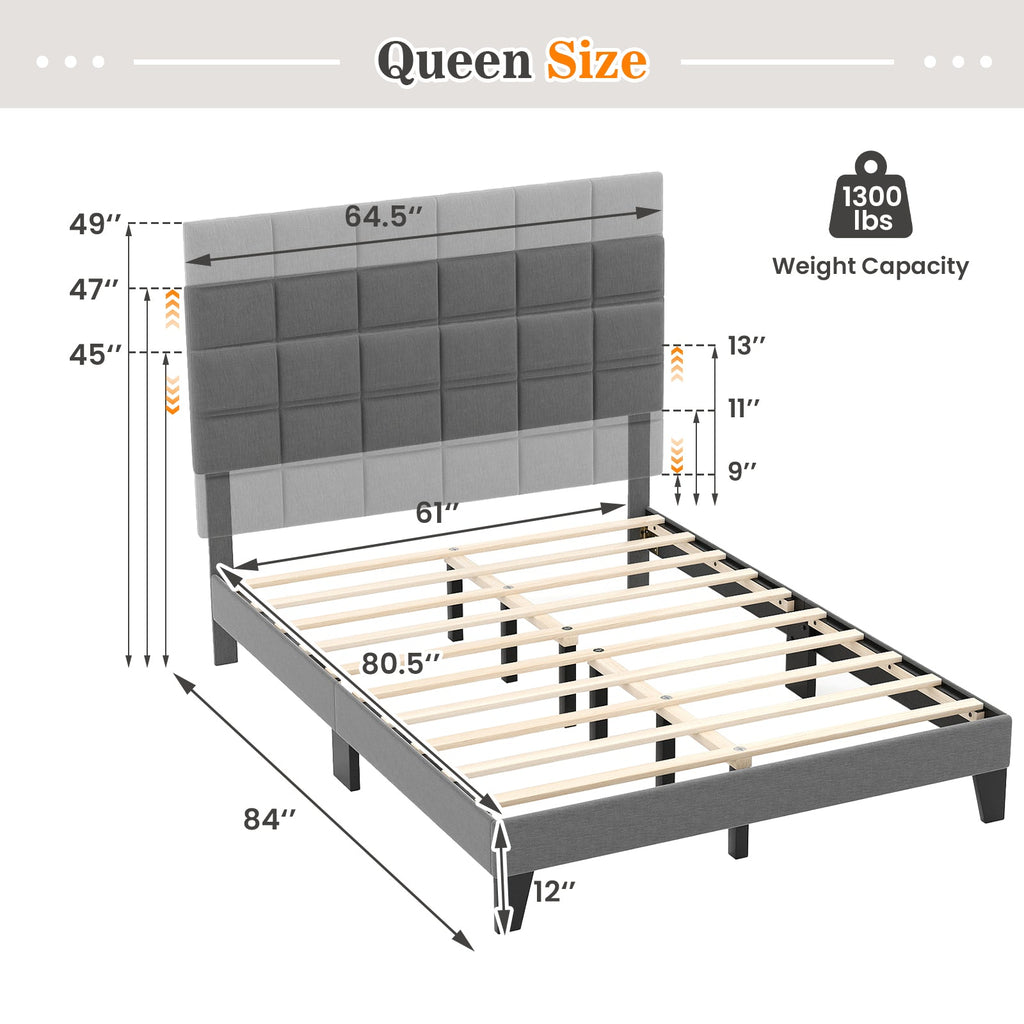 Queen Size Modern Linen Bed Frame with Adjustable Headboard-Gray