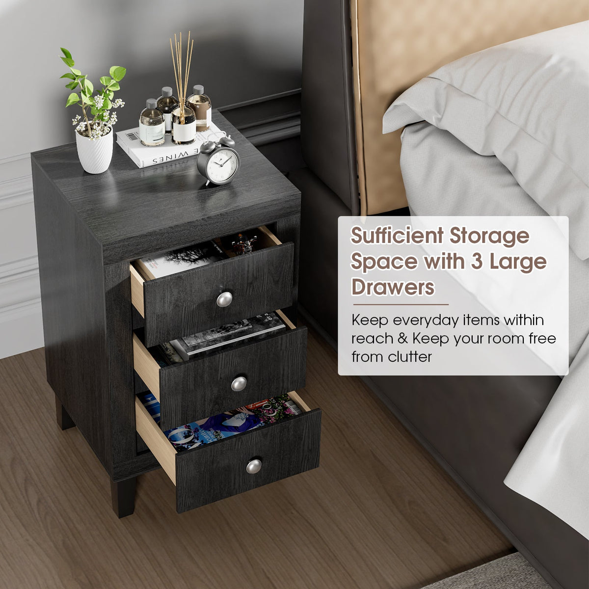 Modern Nightstand with 3 Drawers for Bedroom Living Room