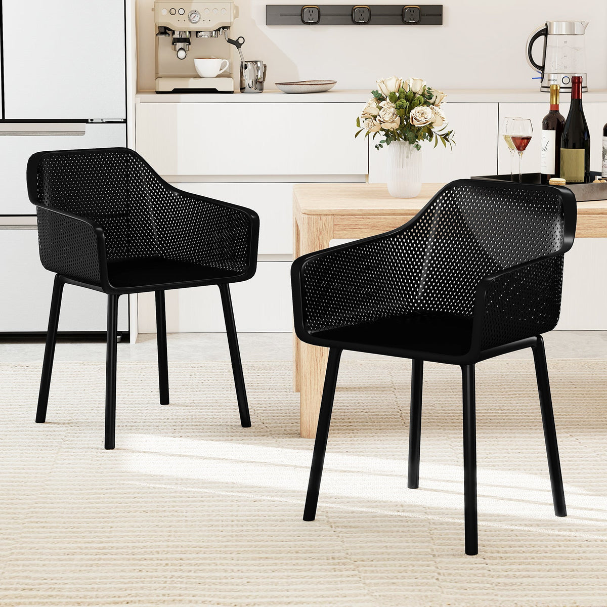 Modern Plastic Dining Chairs Set of 2 Kitchen Armchairs with Breathable Mesh Backres-Black