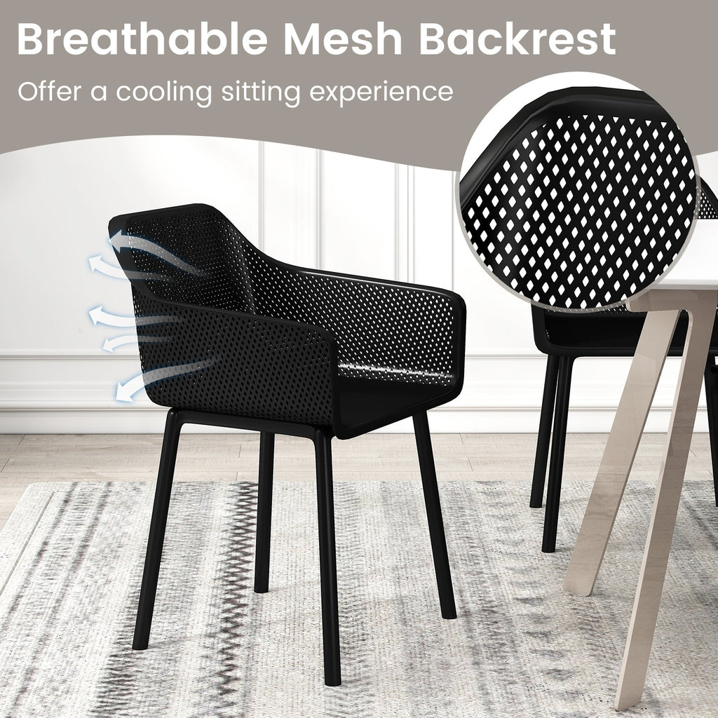 Modern Plastic Dining Chairs Set of 2 Kitchen Armchairs with Breathable Mesh Backres-Black