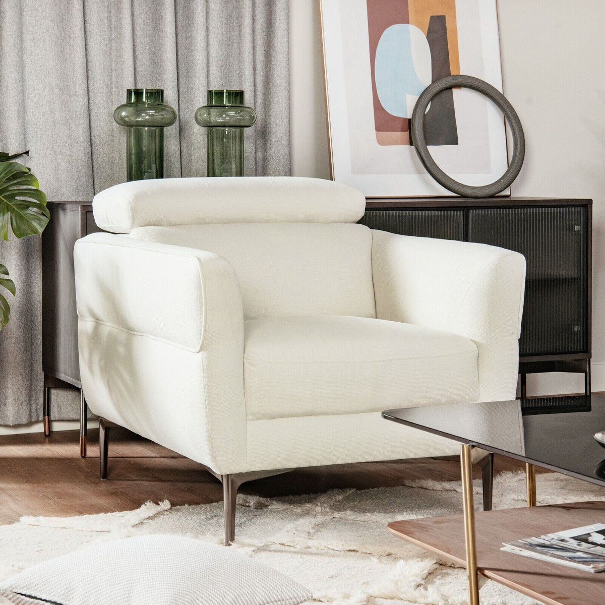 Modern Upholstered Single Sofa with Adjustable Headrest