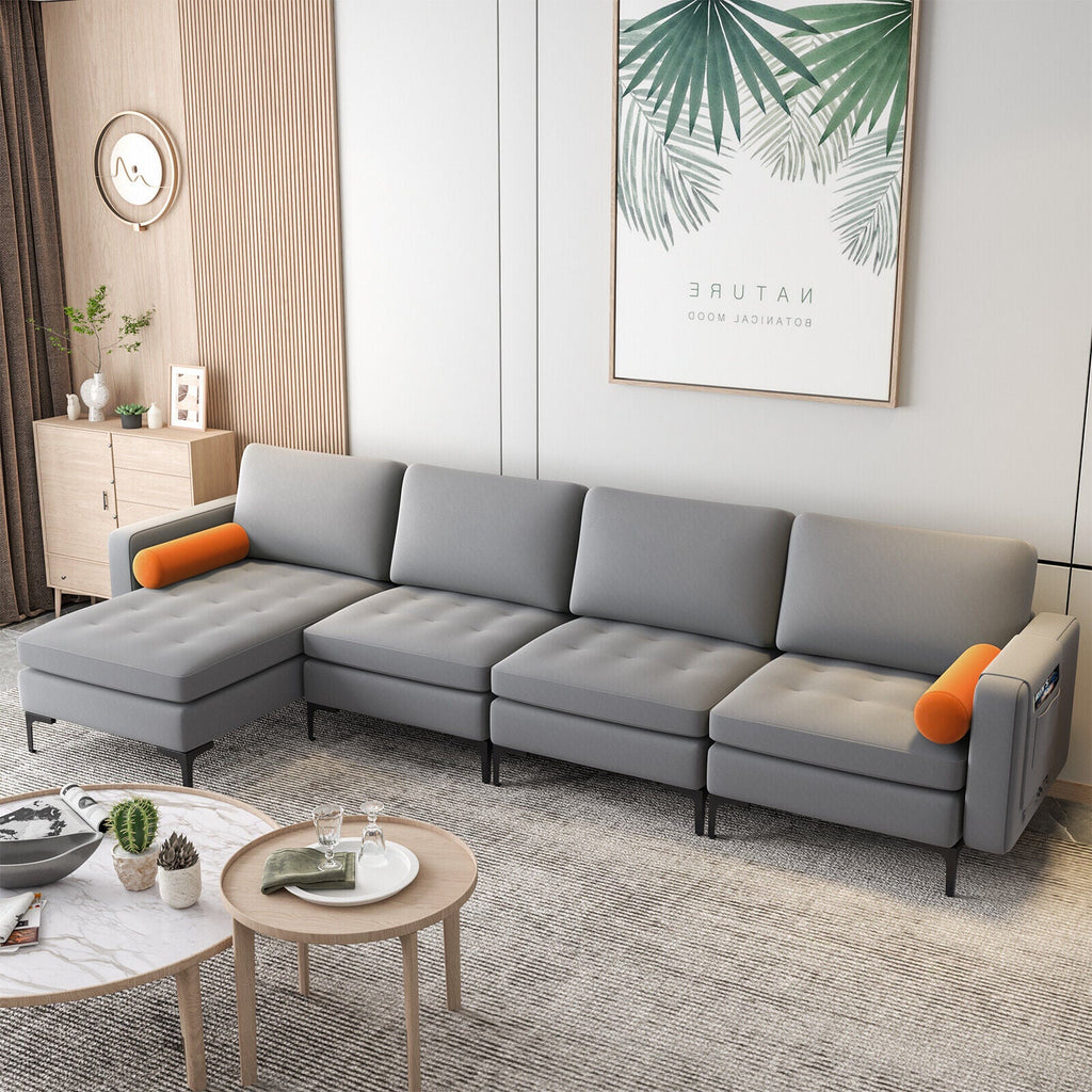 Modular L-shaped 4-Seat Sectional Sofa with Reversible Chaise and 2 USB Socket