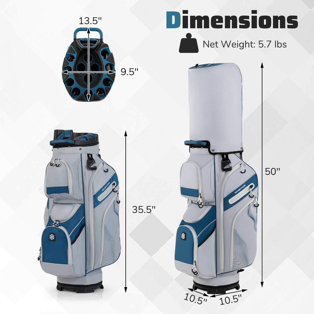 Molded Lock Top Golf Cart Bag with 14-Way Full Length Dividers and 11 Pockets