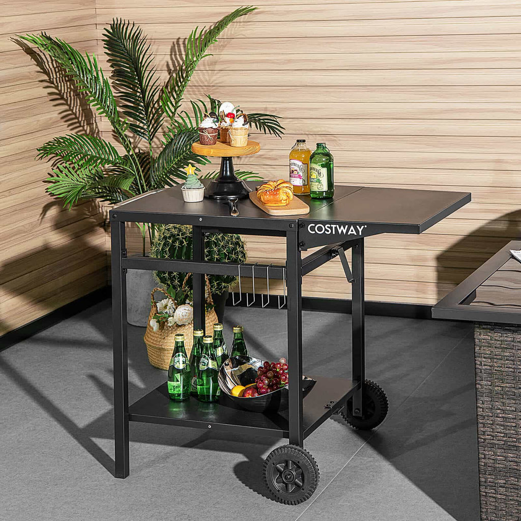 Movable Outdoor Grill Cart with Folding Tabletop and Hooks-Black