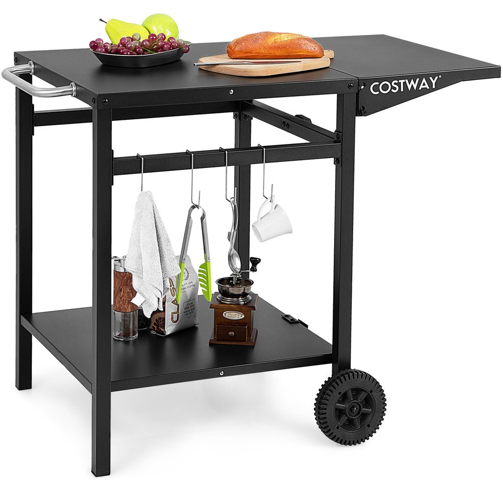 Movable Outdoor Grill Cart with Folding Tabletop and Hooks-Black