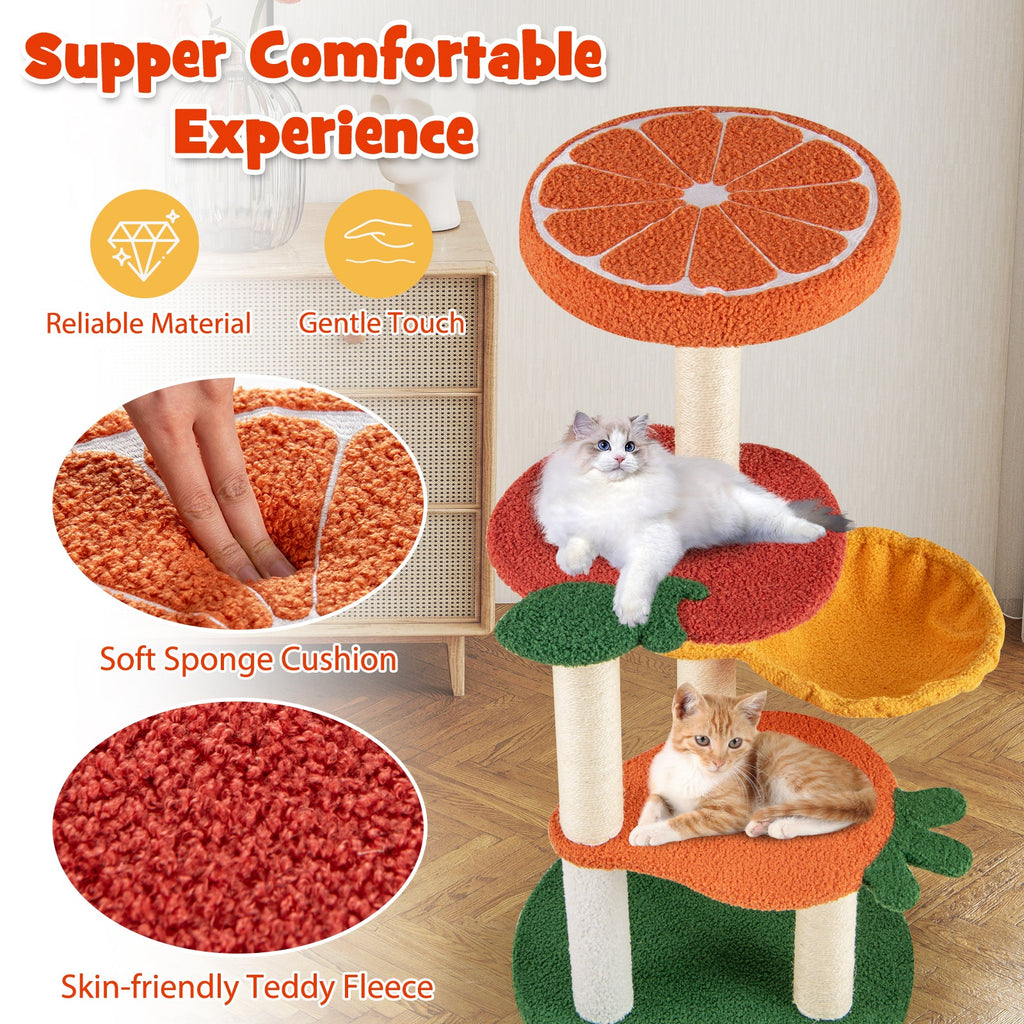 Multi-level Cat Tree Pet Activity Center with Fruit-shaped Platforms-Red and Orange