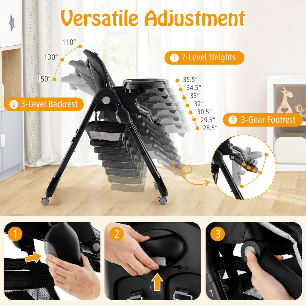 Multifunctional Folding Baby High Chair with Rolling Wheels and Adjustable Height