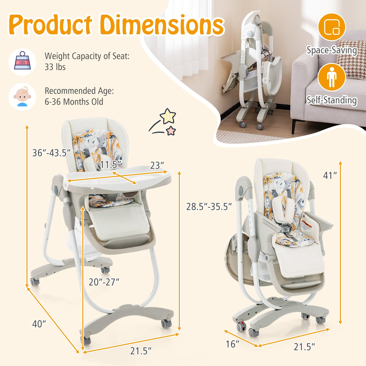 Multifunctional Folding Baby High Chair with Rolling Wheels and Adjustable Height