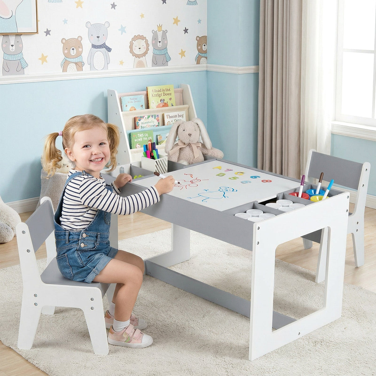 Multifunctional Kids Table and 2 Chairs Set with Chalkboard