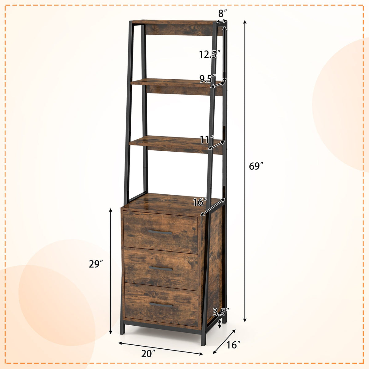 Multifunctional Tall Bookcase with Open Shelves and Storage Drawers
