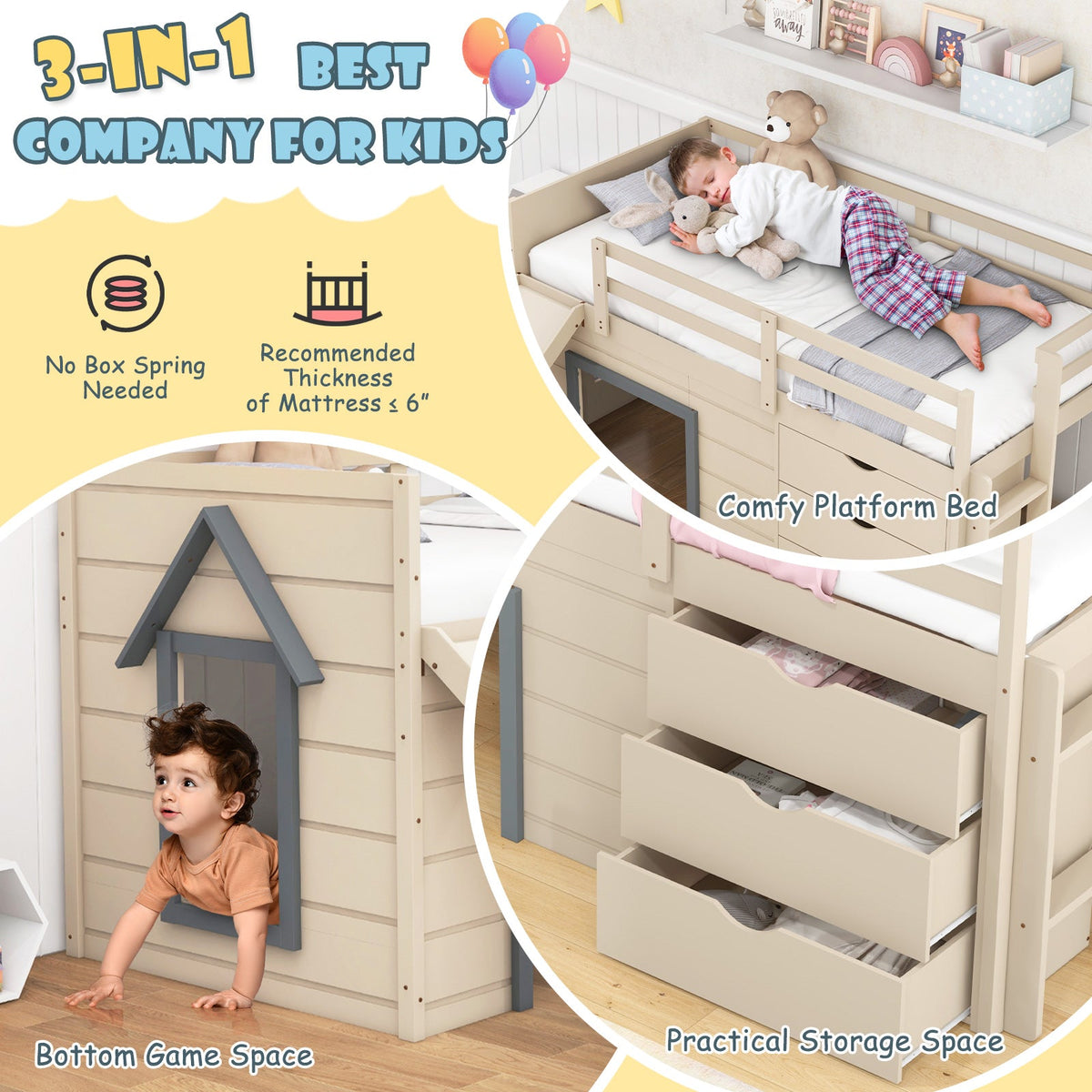 3-In-1 Twin Loft Bed with Slide Ladder Drawers for Kids Teens-Beige