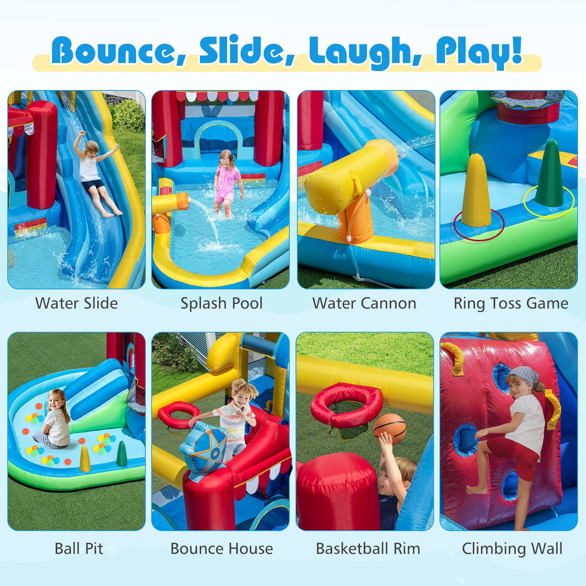 Inflatable Water Park with Splash Pool and Water Cannon for Birthday Party Without Blower