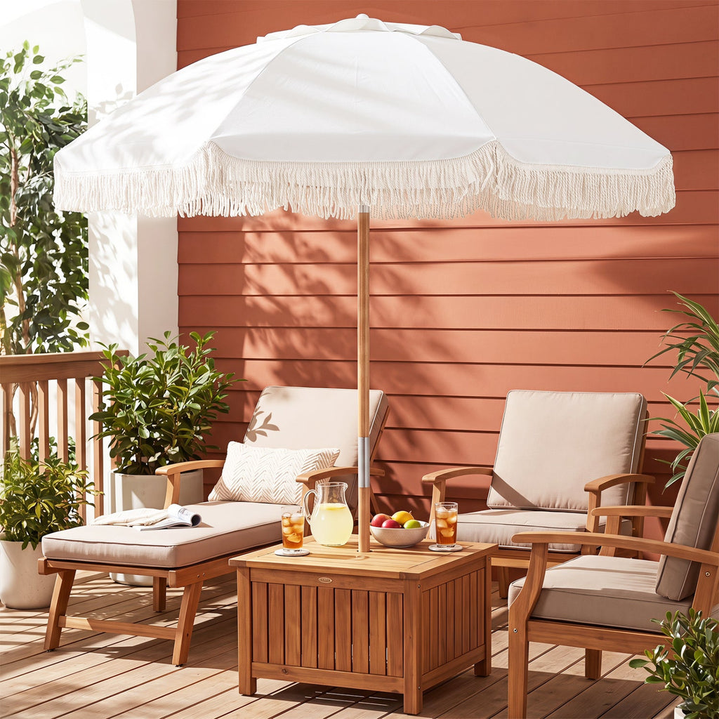 6 Feet Patio Umbrella with Fringe with Push Button Tilt and Wood Pole