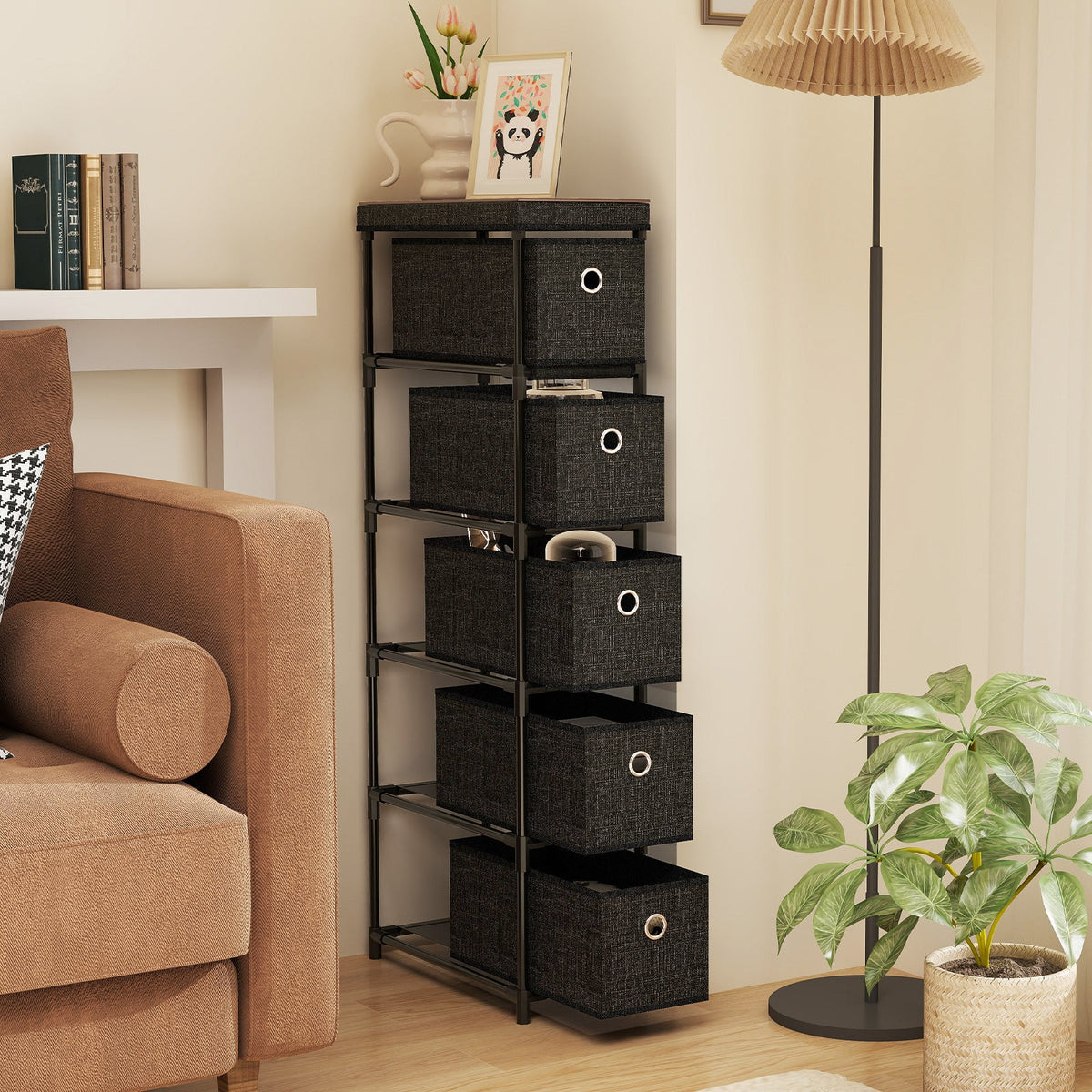 Narrow Dresser with 5 Drawers Slim Storage Tower with Metal Frame-Black