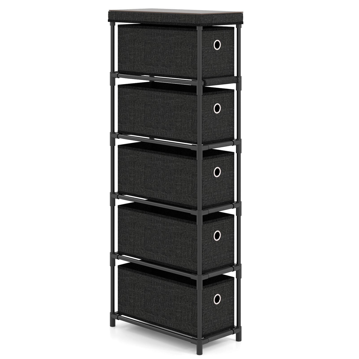 Narrow Dresser with 5 Drawers Slim Storage Tower with Metal Frame-Black
