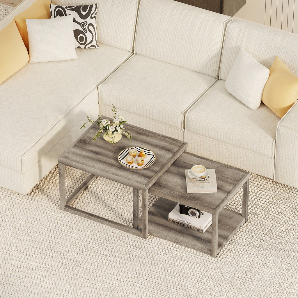 Nesting Coffee Table Set of 2 Stackable Rectangular End Tables-Gray
