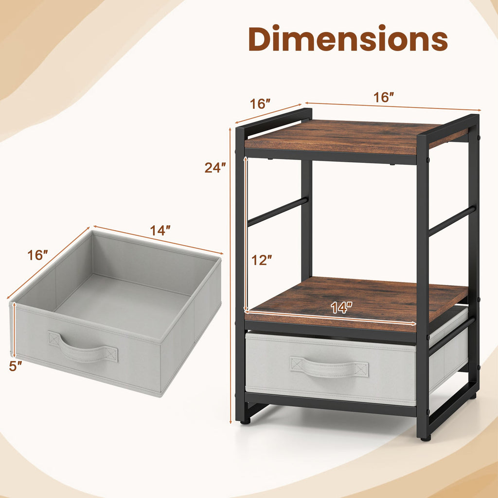 Nightstand Industrial Bedside Table with Open Storage Shelf and Fabric Drawer-Rustic Brown