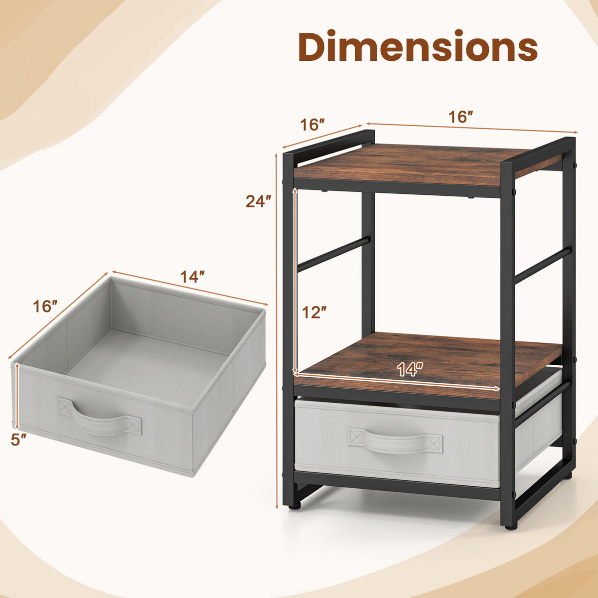 Nightstand Industrial Bedside Table with Open Storage Shelf and Fabric Drawer-Rustic Brown