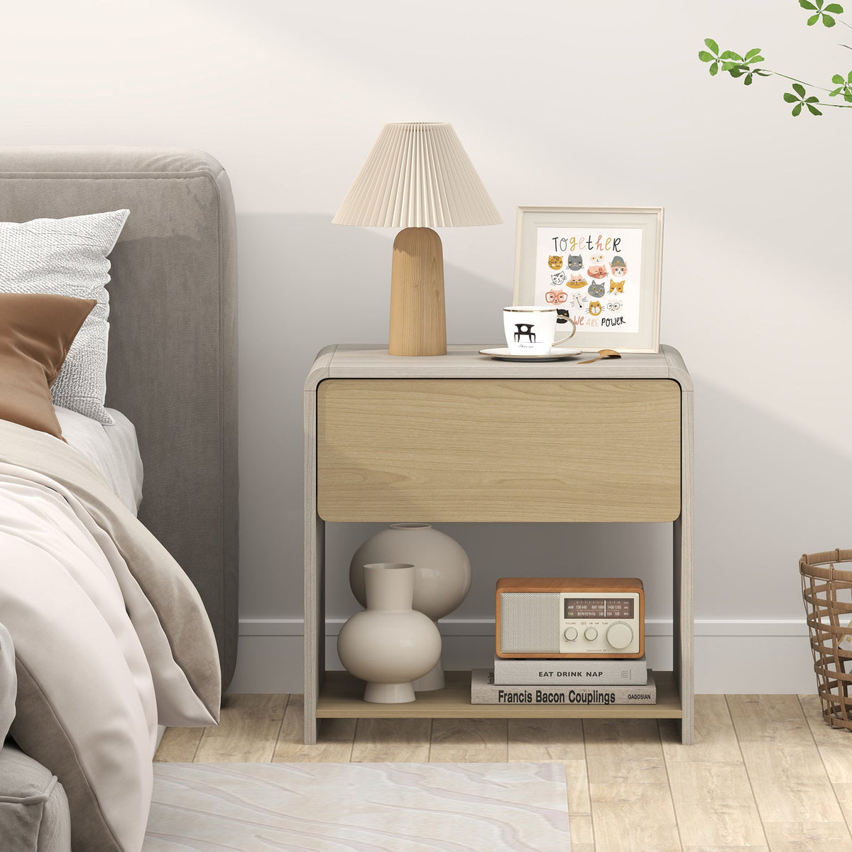 2-Tier Modern Style Nightstand with Drawer and Open Shelf-Oak