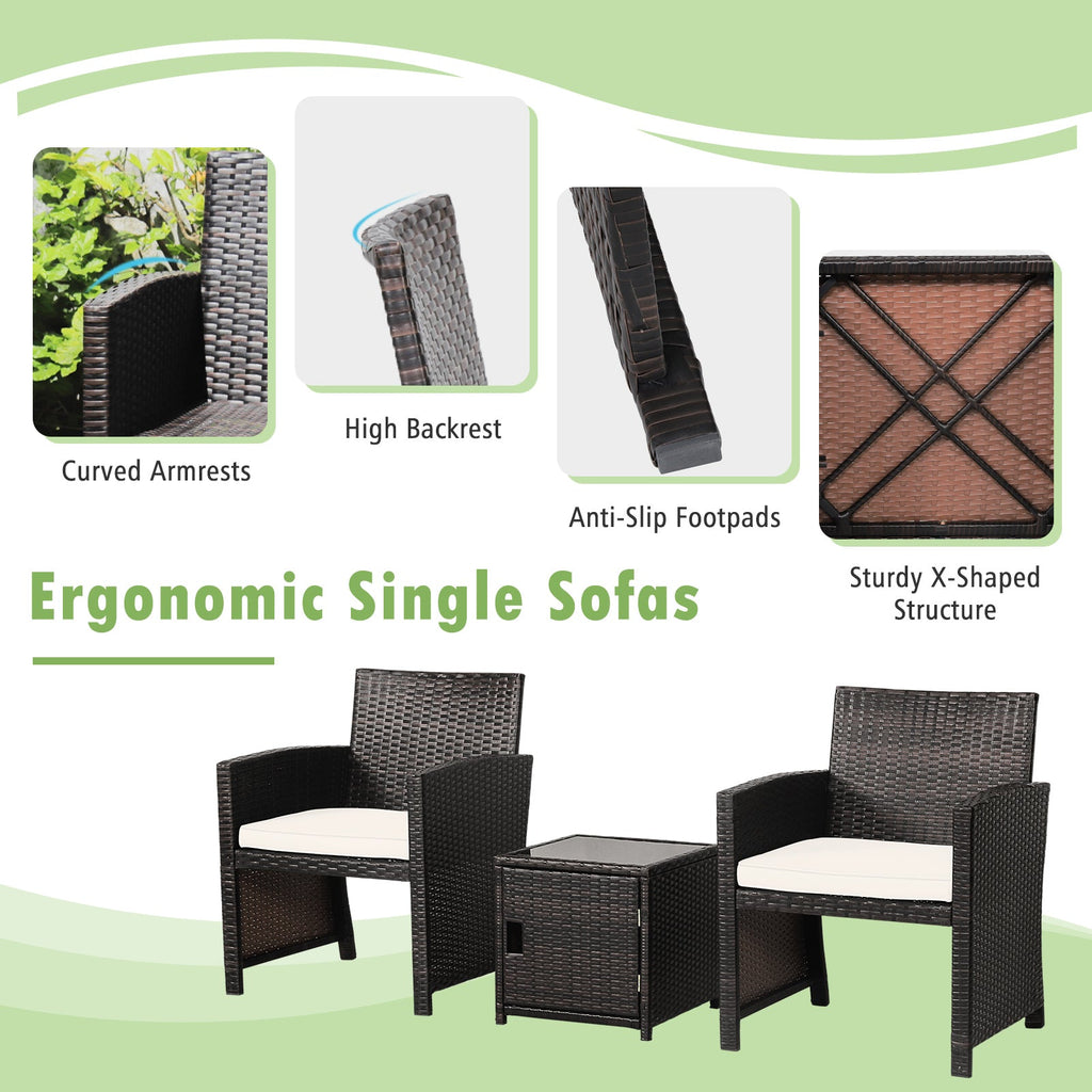 3 Pieces Patio Wicker Furniture Set with Storage Table and Protective Cover